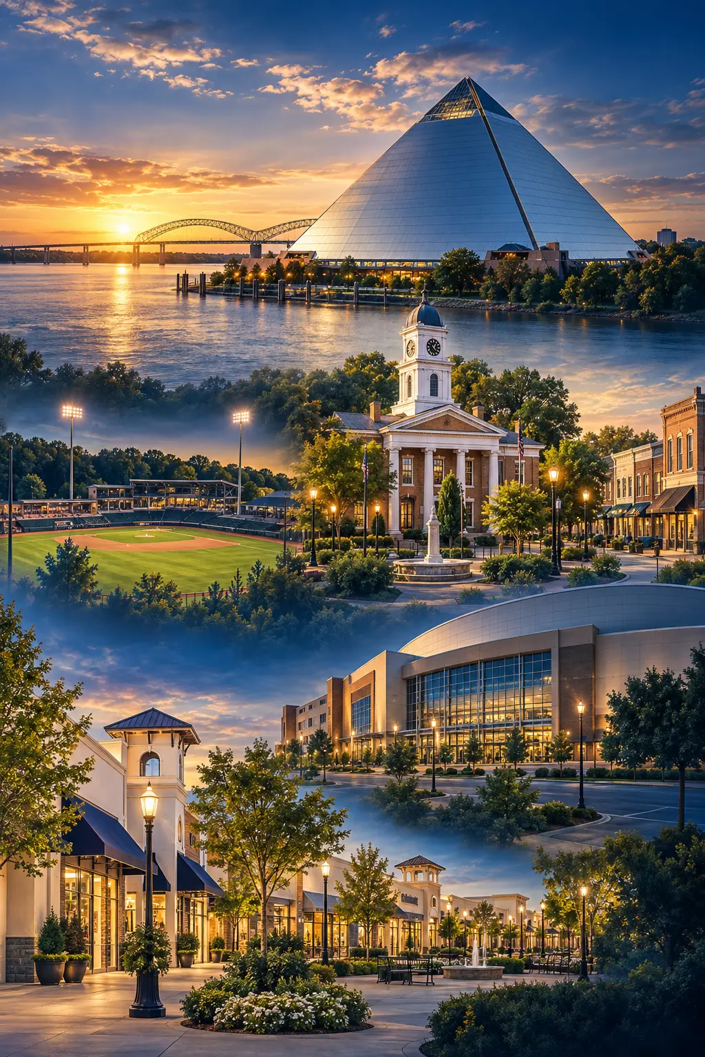 Illustrated local landmark collage featuring the Memphis Pyramid, Snowden Grove baseball park, Hernando Square, Landers Center, and Tanger Outlets